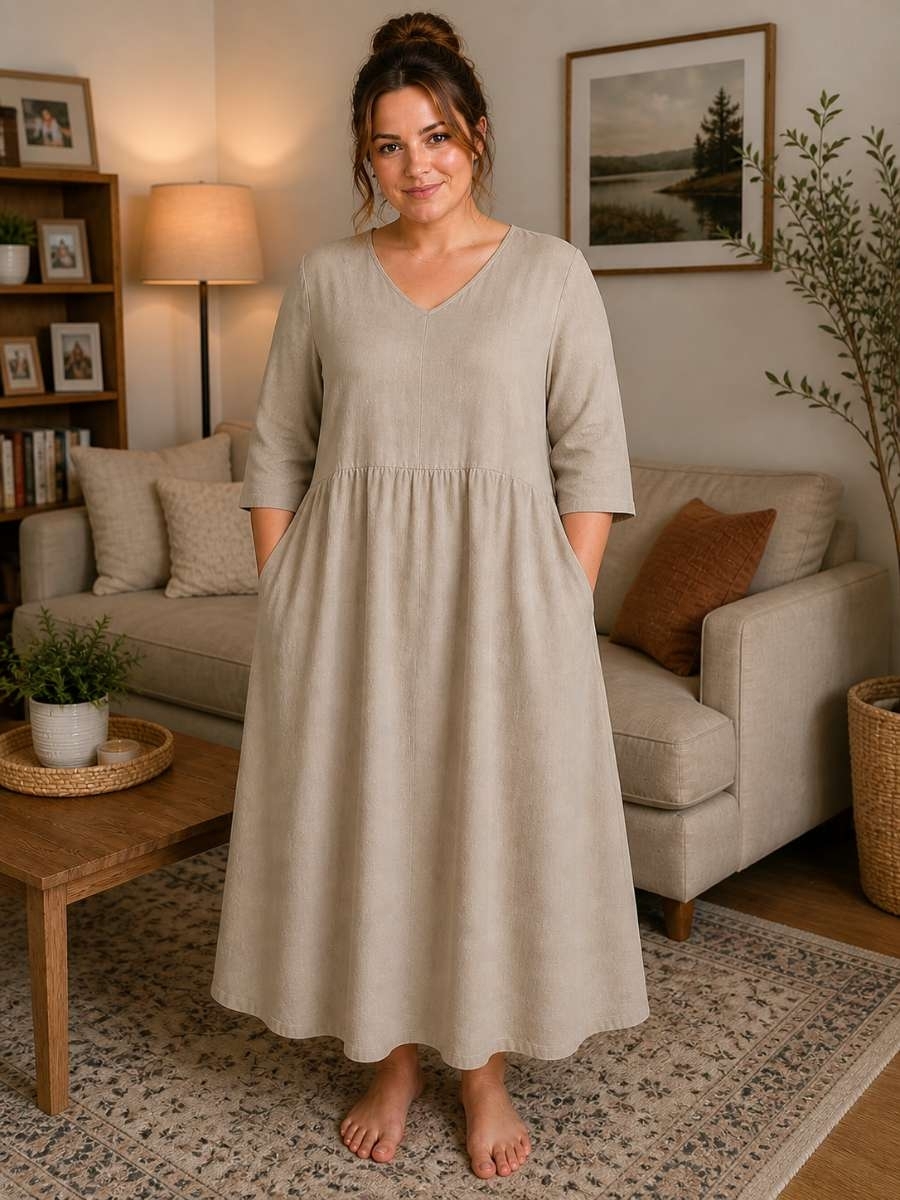 Women's V-Neck Linen-Style Midi Dress In Stone